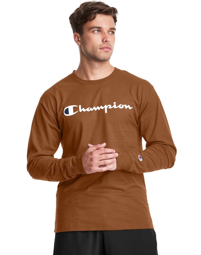 Champion Classic Long-Sleeve Script Logo T-Shirt Heren - Bruin - Belgie 0951TNJHG